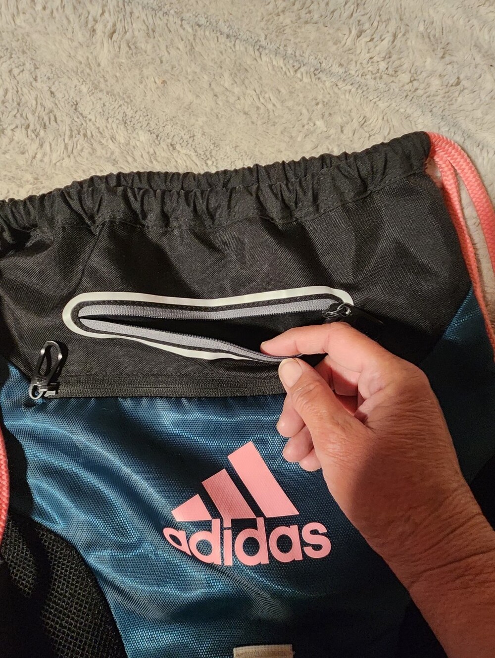 Adidas Rumble Drawstring Backpack  Teal Pink Sackpack Bag Pockets - Picture 3 of 10